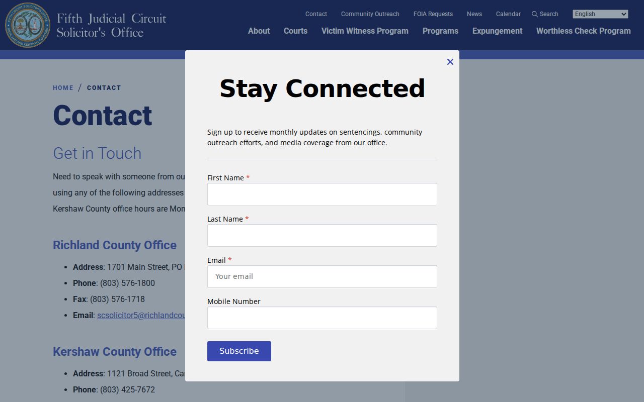 Kershaw County criminal court case solicitor office contact information