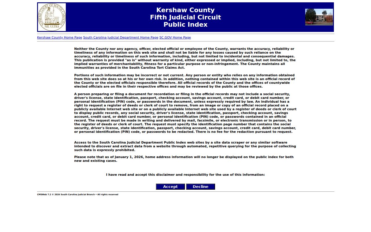 Kershaw County criminal court case Public Index search interface
