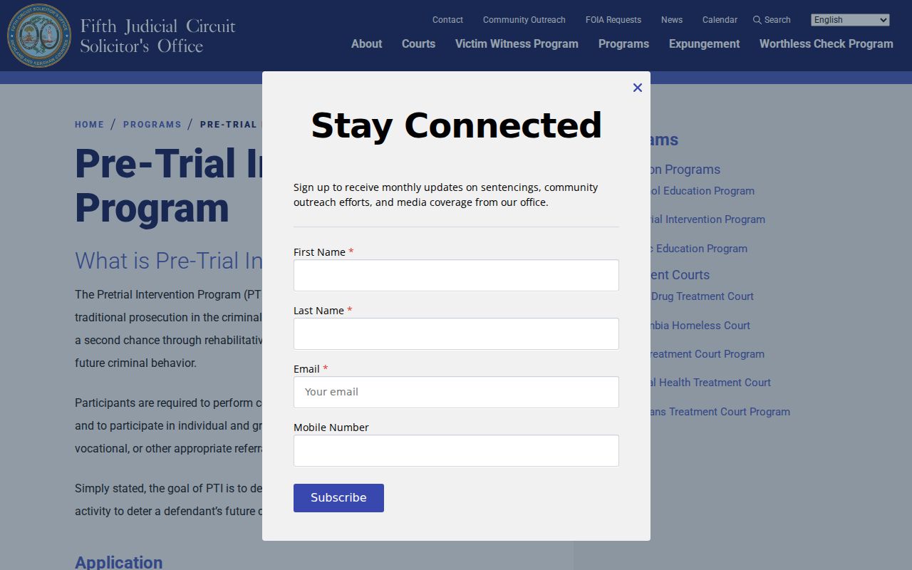 Kershaw County criminal court case Pre-Trial Intervention program information