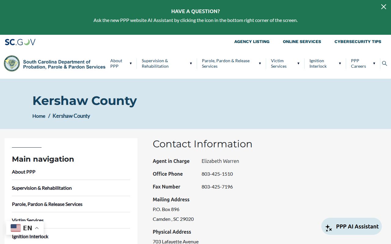 SCDPPPS Kershaw County probation and parole office information