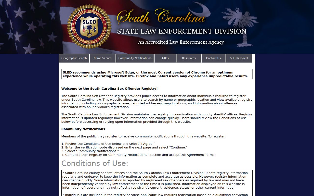 Kershaw County sex offender registry conditions and notification entry